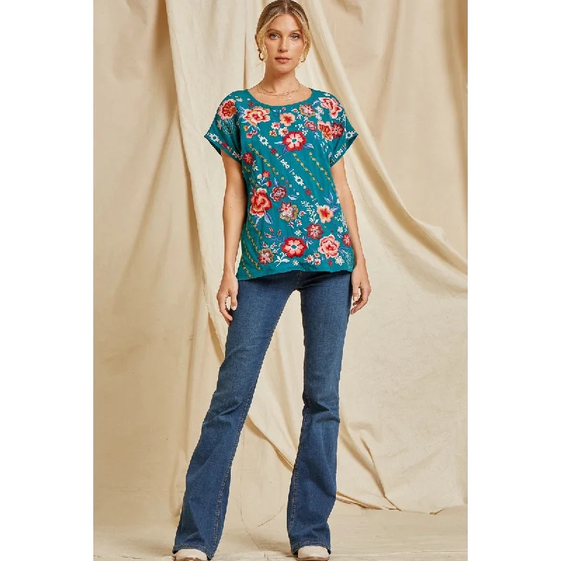 Savanna Jane Teal Classic Dolman Sleeve Embroidered Top