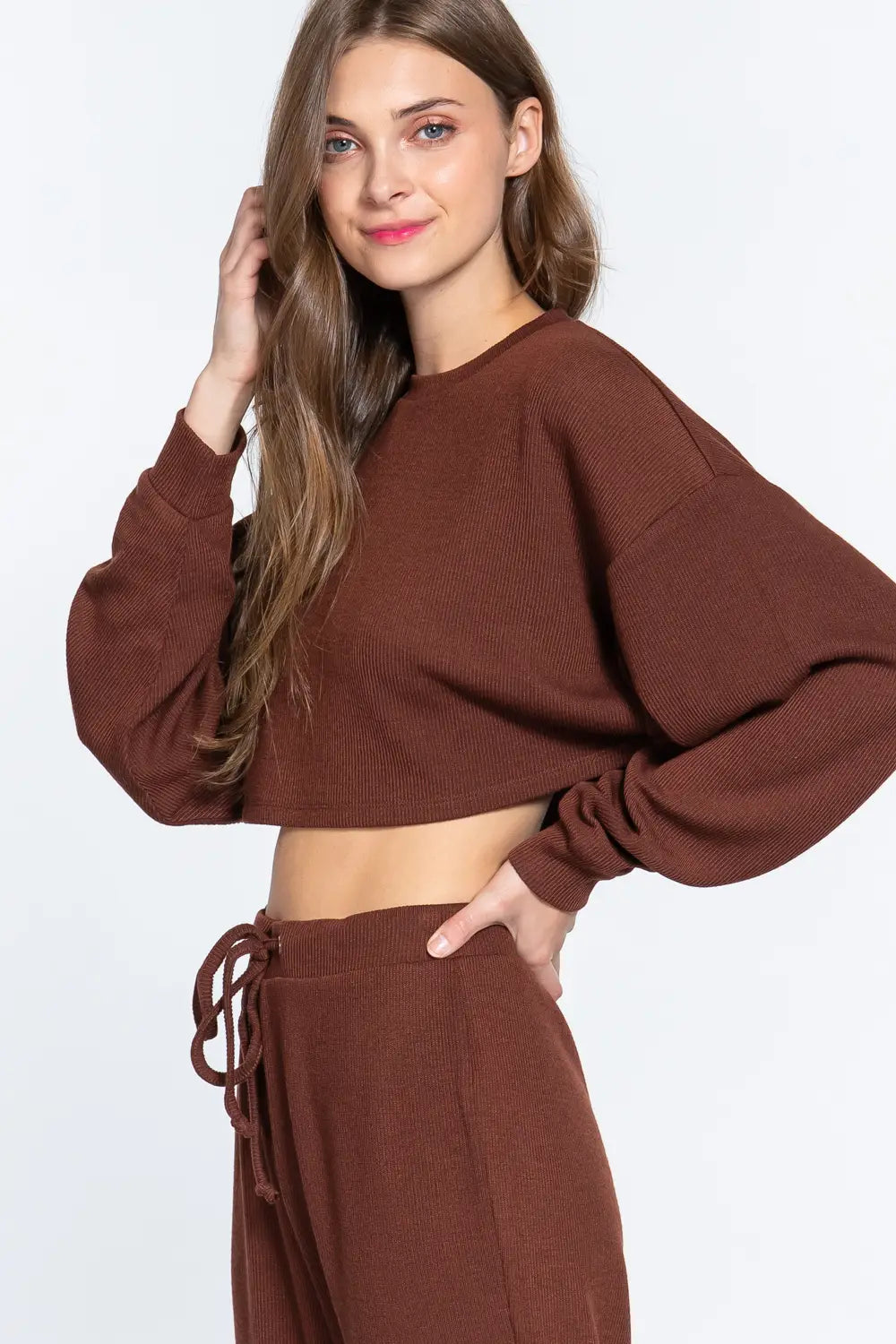 Brown Long Sleeved Cropped Hacci Top