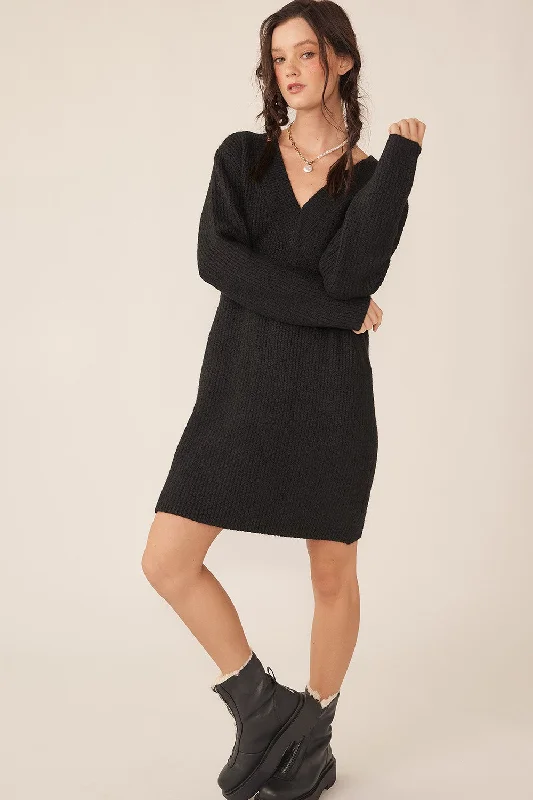 Black V-Neck Oversized Sweater Dress