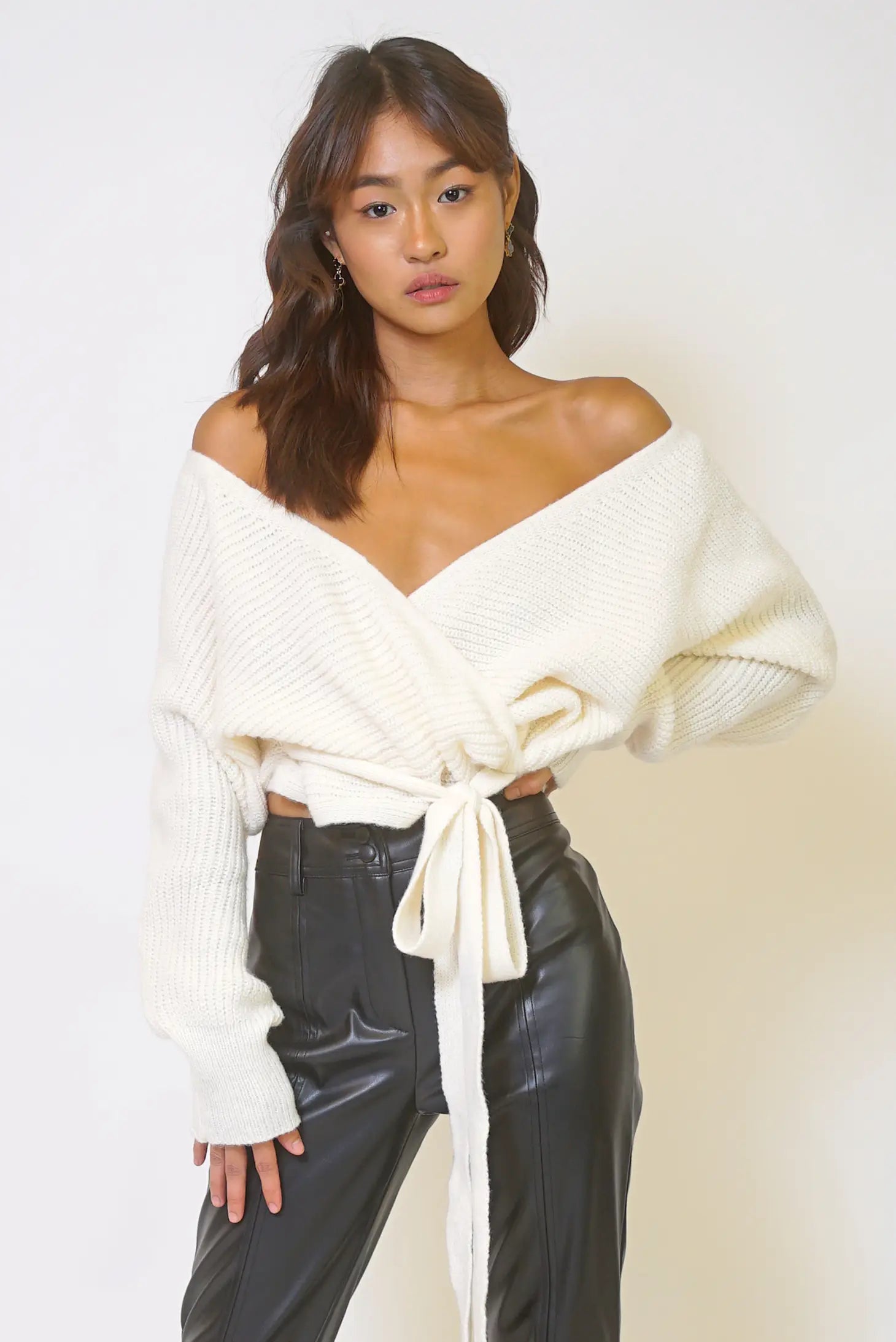 Off The Shoulder Cable Knit Wrap Sweater