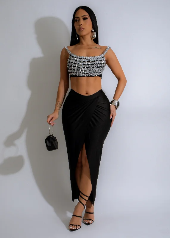 She's Shining Rhinestone  Skirt Set Black