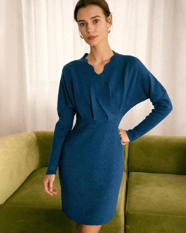 The Blue V Neck Scalloped Sweater Mini Dress