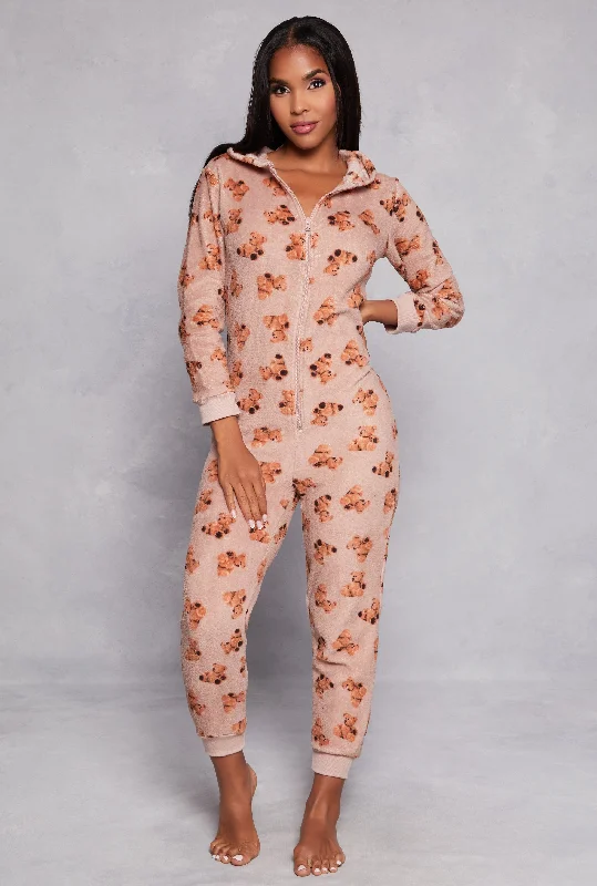 Plush Bear Graphic Hooded Pajama Onesie