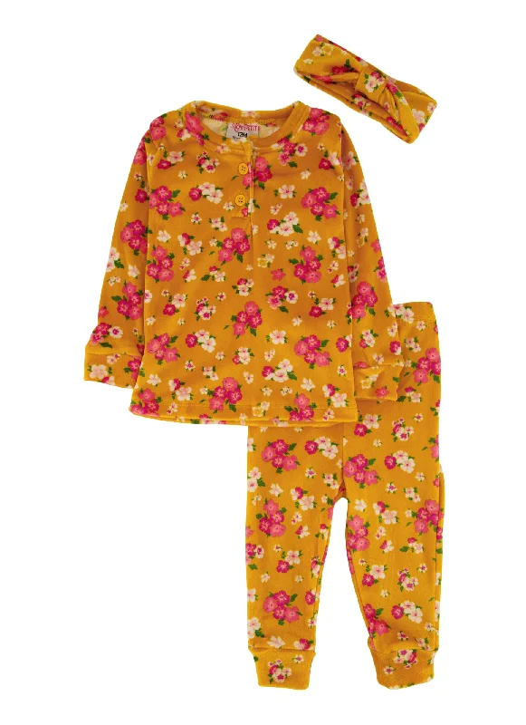 Baby Girls 12-24M Velour Floral Print Pajama Top and Pants Set