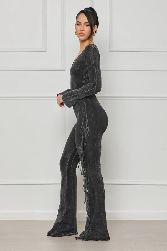 Houston Girl Fringe Jumpsuit (Black Acid Wash)