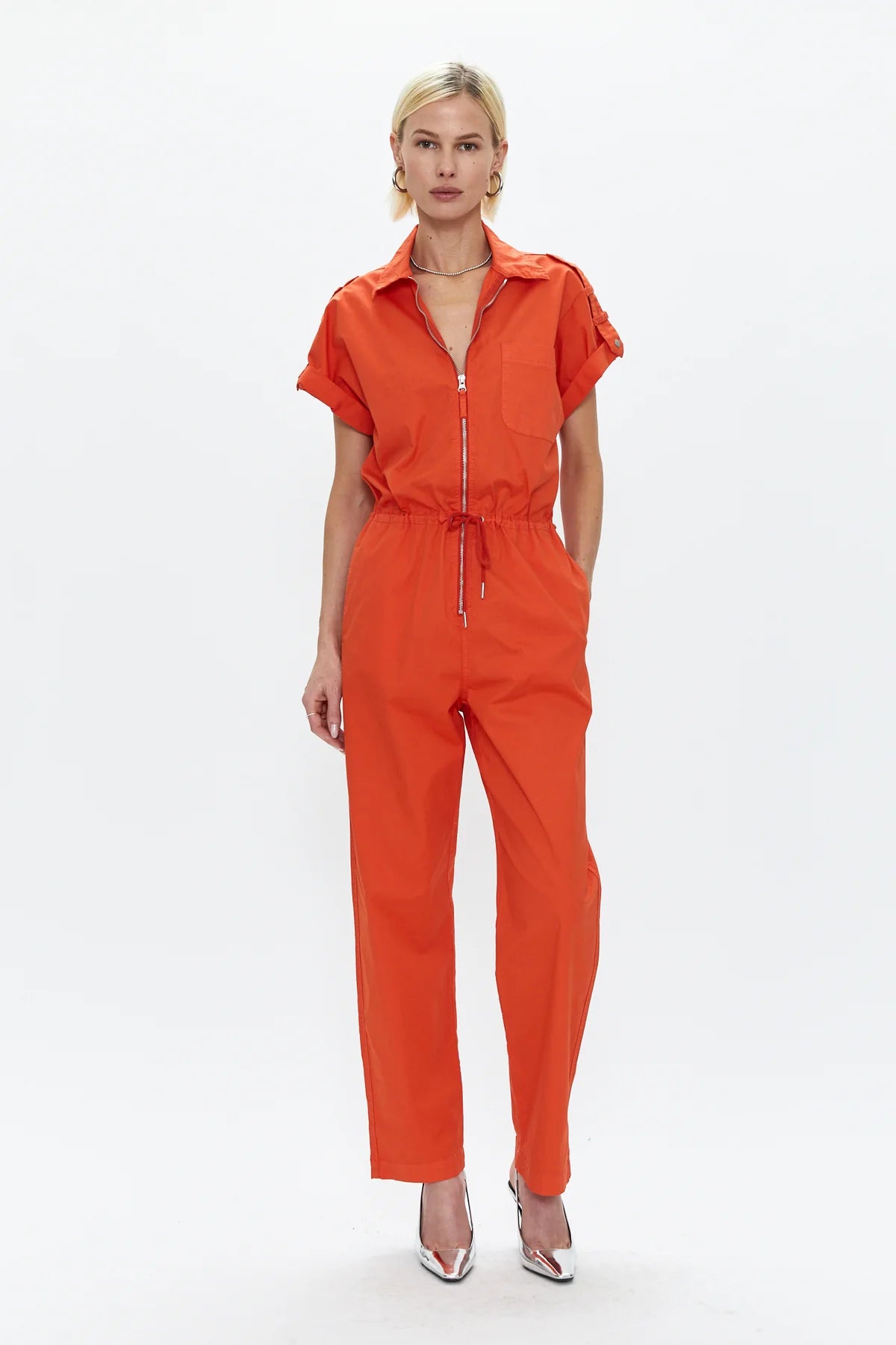 Pistola Jordan Short Sleeve Zip Front Jumpsuit in Poppy