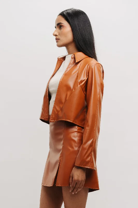 Tan Leather Crop Shacket