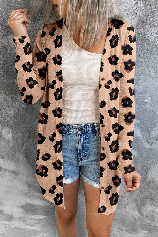 Leopard Print Button Down Lightweight Long Cardigan